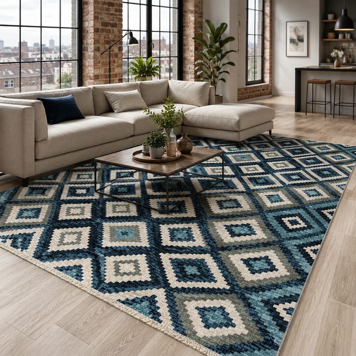 Quiet Heritage Mid Blue Washable Rug shown in an illustrative room