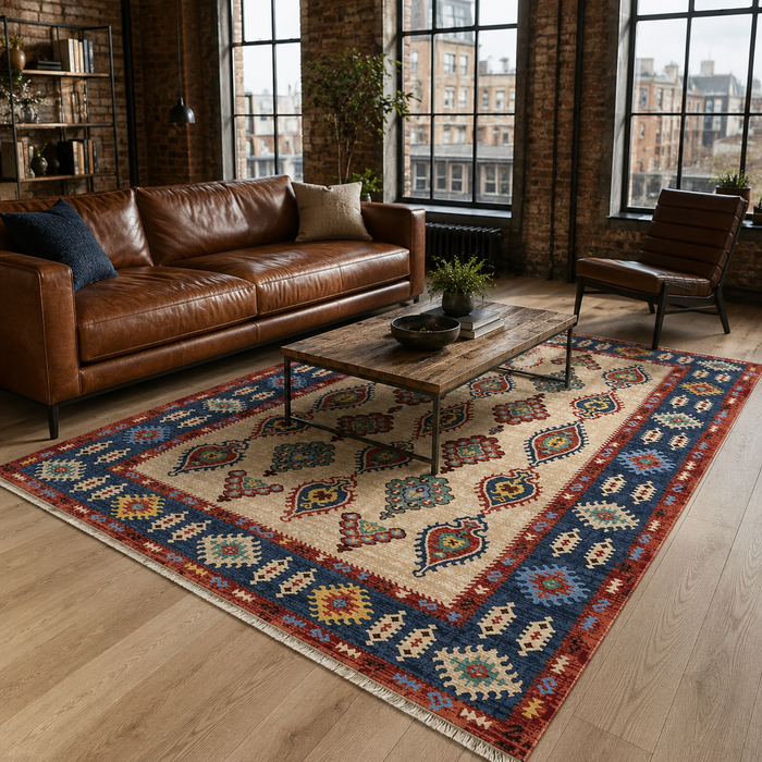 Lantern Octagons Deep Blue Heritage Washable Rug shown in an illustrative room