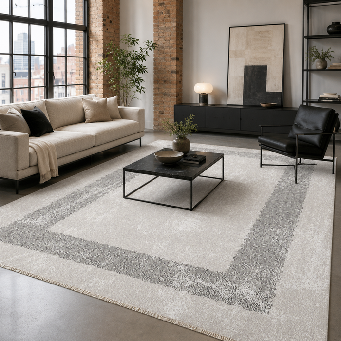 Timeless Linework Soft Grey Modern Washable Rug shown in an illustrative room