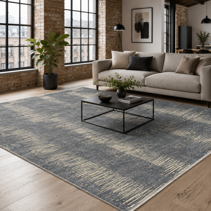 Balanced Linework Grey Modern Washable Rug shown in an illustrative room