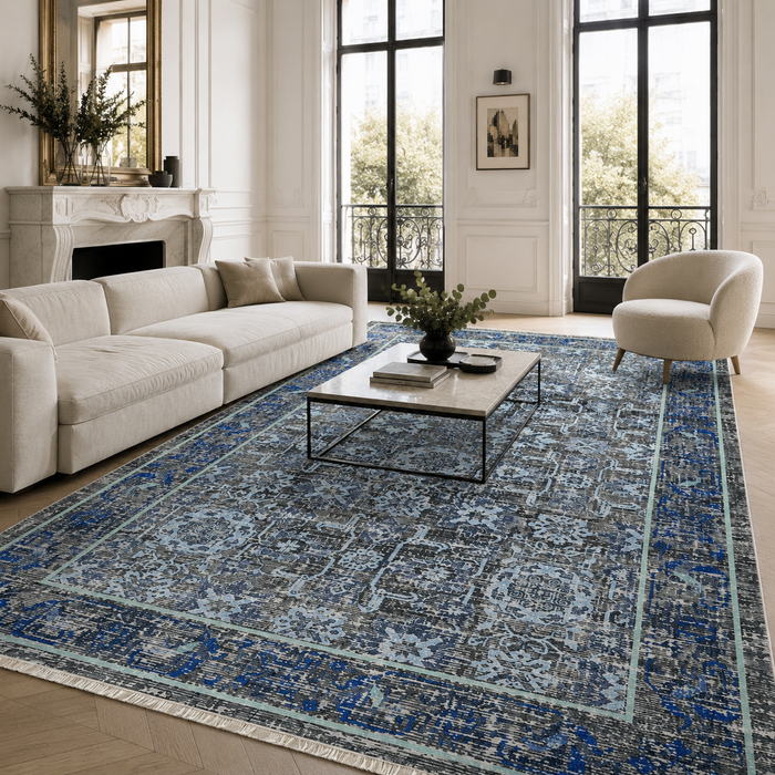 Calm Medallion Bright Blue Traditional Washable Rug shown in an illustrative room
