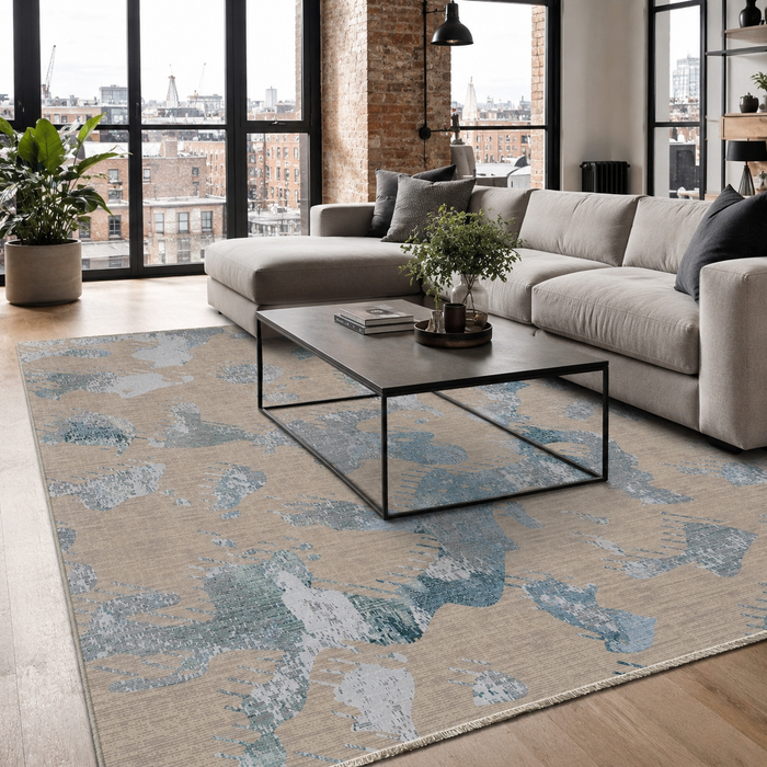 Dusky Linework Indigo Blue Modern Washable Rug shown in an illustrative room