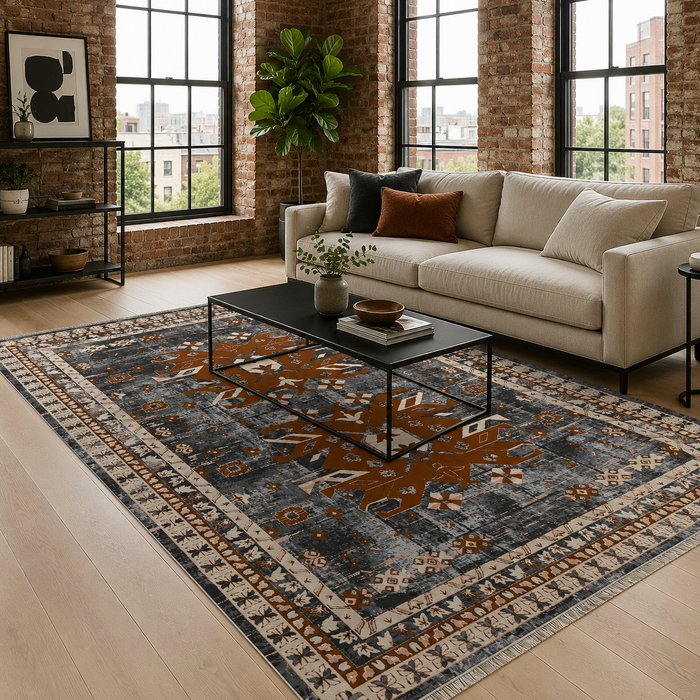 Eastward Border Warm Brown Heritage Washable Rug shown in an illustrative room