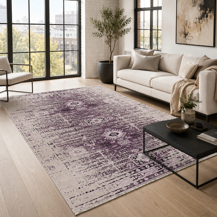 Heritage Patina Mauve Grey Vintage Washable Rug shown in an illustrative room