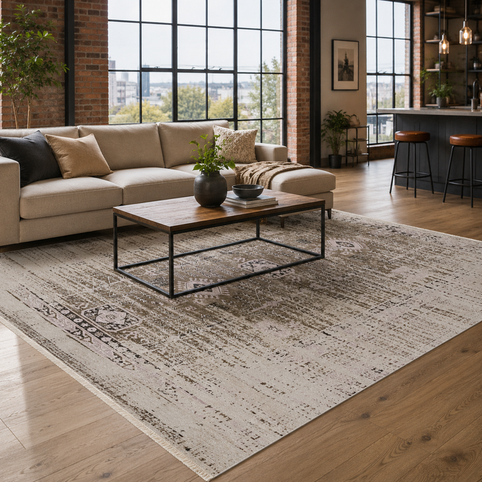 Crisp Patina Soft Green Vintage Washable Rug shown in an illustrative room