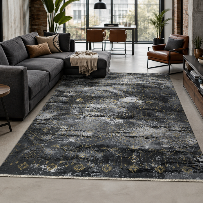 Balanced Linework Charcoal Grey Modern Washable Rug shown in an illustrative room