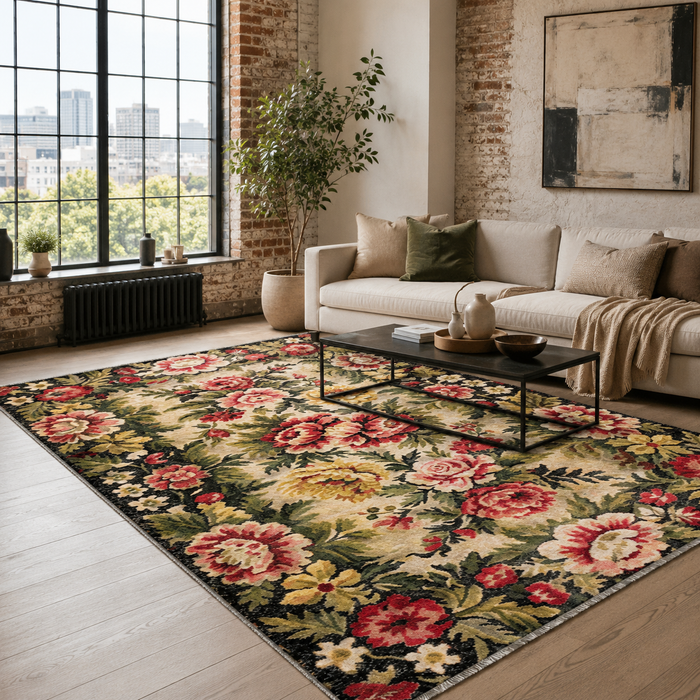 Bold Border Charcoal Black Heritage Washable Rug shown in an illustrative room