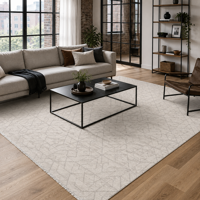 Tonal Linework Soft Grey Modern Washable Rug shown in an illustrative room
