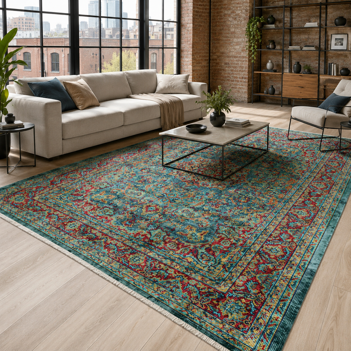 Linked Patina Muted Green Vintage Washable Rug shown in an illustrative room