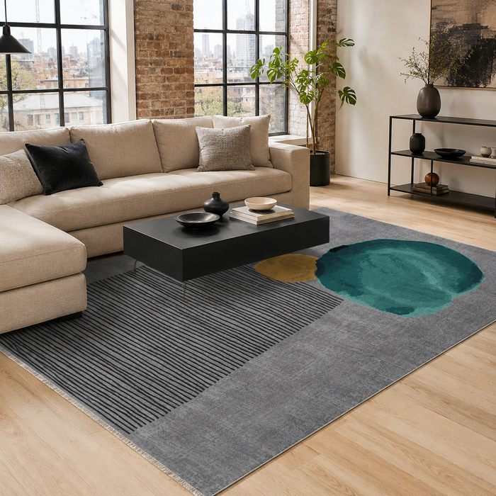 Cool Linework Silver Grey Modern Washable Rug shown in an illustrative room