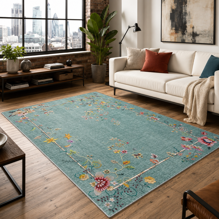 Crossed Border Deep Green Traditional Washable Rug shown in an illustrative room