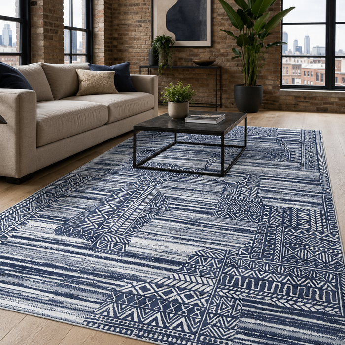 Dusky Linework Mid Blue Modern Washable Rug shown in an illustrative room