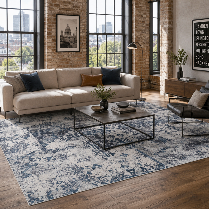 Tiled Border Deep Blue Heritage Washable Rug shown in an illustrative room