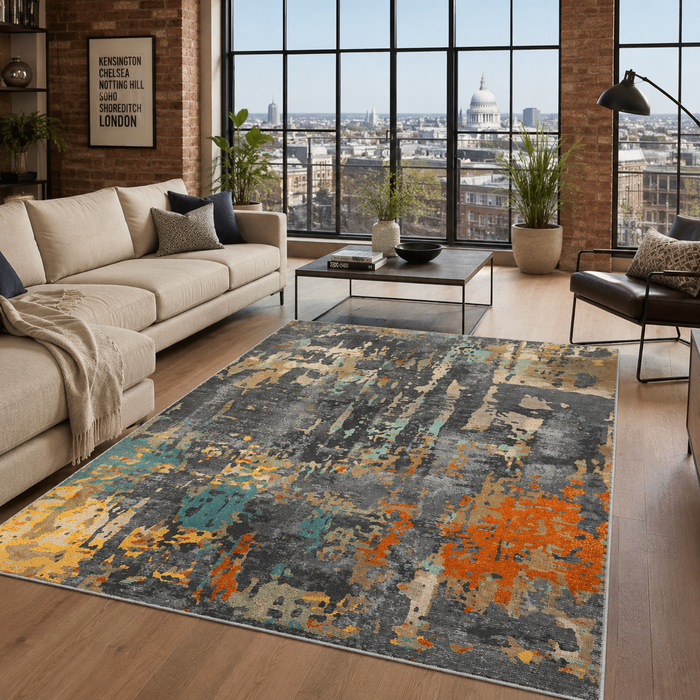 Tiled Border Mid Grey Heritage Washable Rug shown in an illustrative room