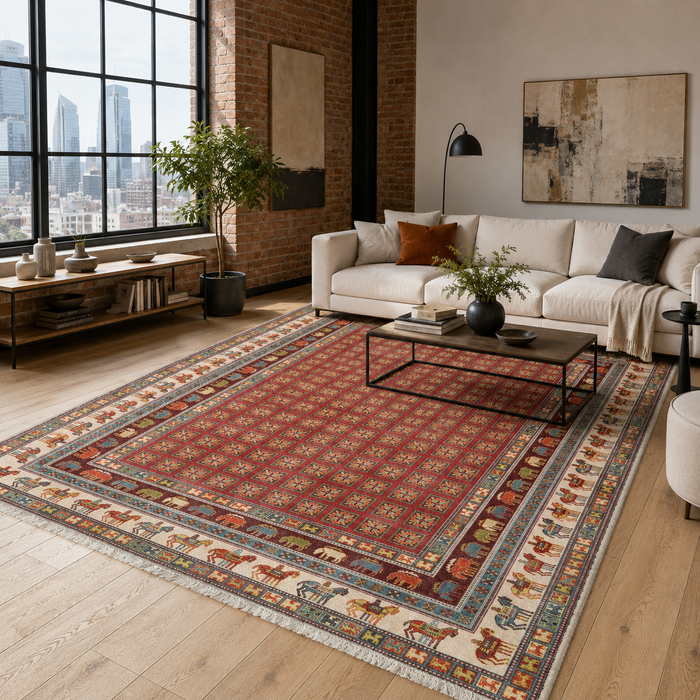 Georgian Floral Deep Red Traditional Washable Rug shown in an illustrative room