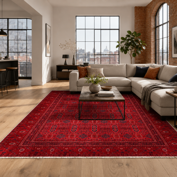 Rich Border Burgundy Heritage Washable Rug shown in an illustrative room