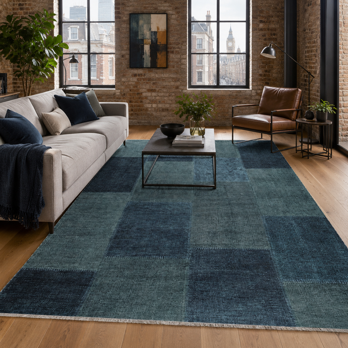 Painted Heritage Indigo Blue Washable Rug shown in an illustrative room