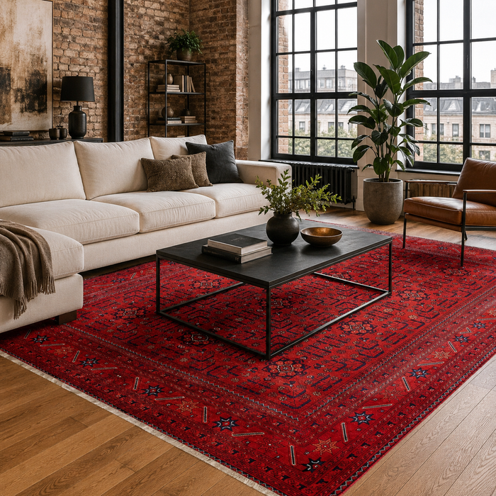 Eastward Border Deep Red Heritage Washable Rug shown in an illustrative room