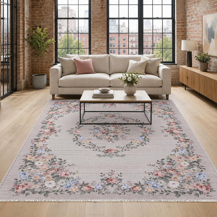 Ordered Octagons Warm White Heritage Washable Rug shown in an illustrative room
