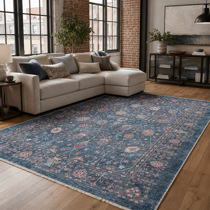 Weathered Medallion Indigo Blue Heritage Washable Rug shown in an illustrative room