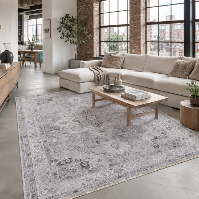 Offset Octagons Slate Grey Heritage Washable Rug shown in an illustrative room