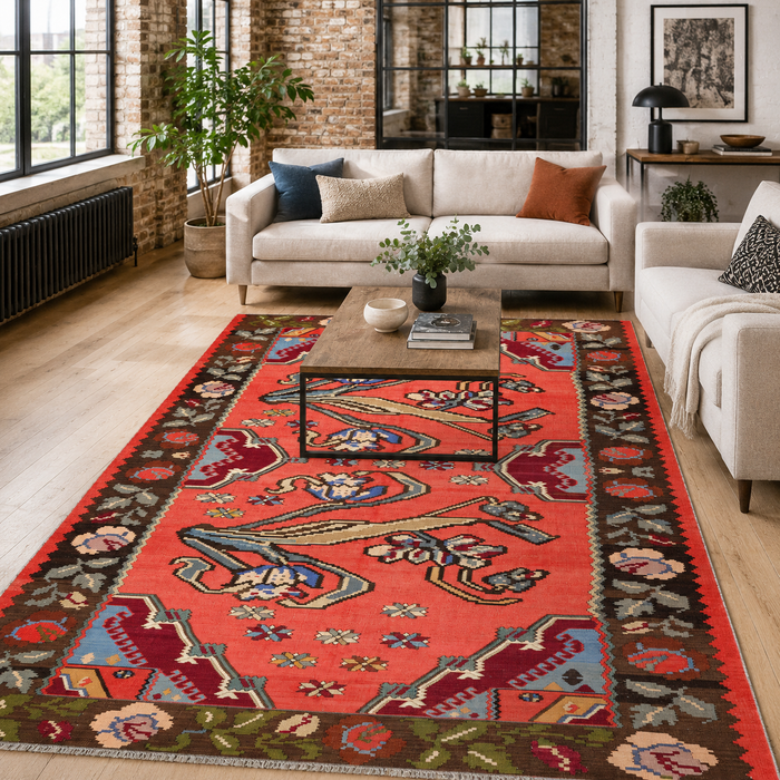 Woven Heritage Crimson Red Washable Rug shown in an illustrative room