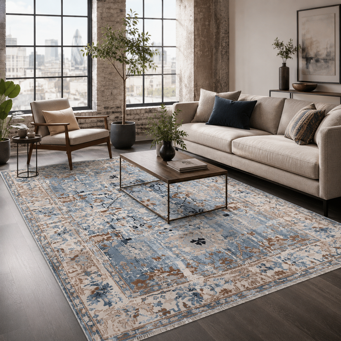 Quiet Star Indigo Blue Heritage Washable Rug shown in an illustrative room