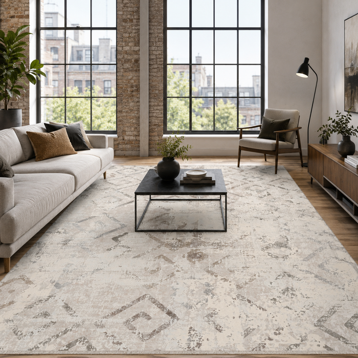 Noble Lattice Taupe Geometric Washable Rug shown in an illustrative room