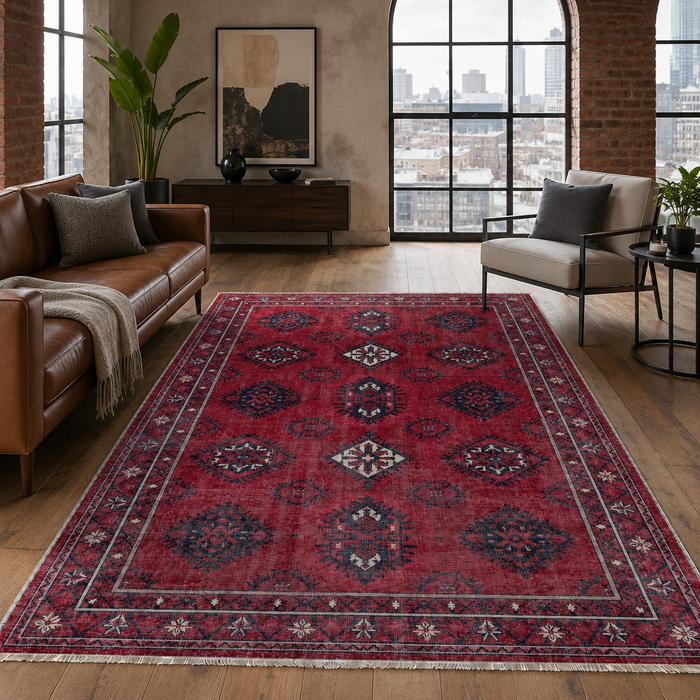 Ember Diamonds Burnt Red Heritage Washable Rug shown in an illustrative room