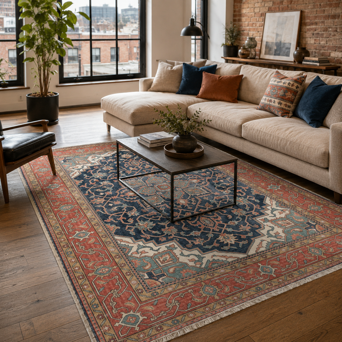 Bold Border Bright Blue Heritage Washable Rug shown in an illustrative room