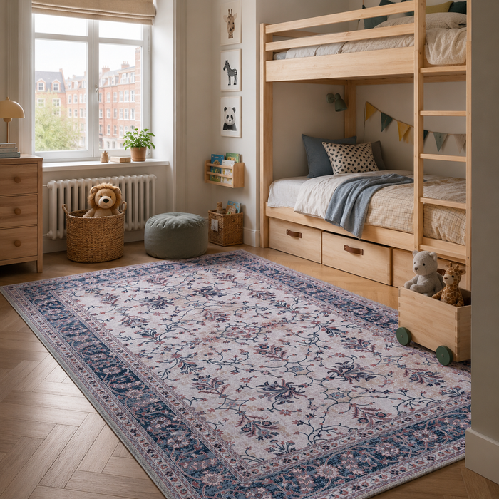 Deep Patina Soft Grey Vintage Washable Rug shown in an illustrative room