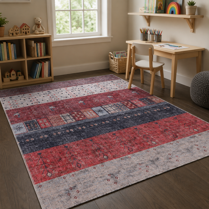 Distinct Octagons Burnt Red Heritage Washable Rug shown in an illustrative room
