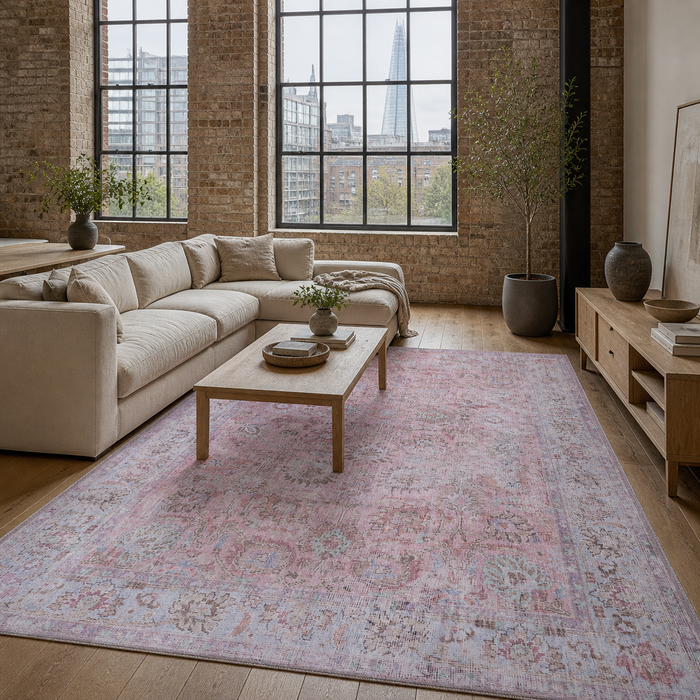 Homestead Patina Mid Grey Vintage Washable Rug shown in an illustrative room