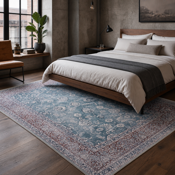 Linked Patina Navy Blue Vintage Washable Rug shown in an illustrative room