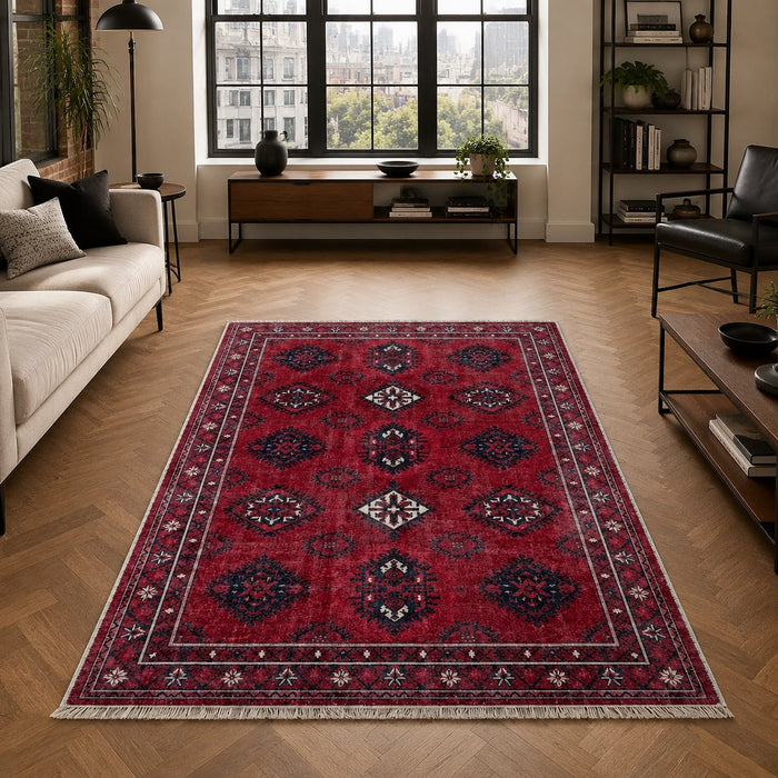 Quiet Stripes Burnt Red Heritage Washable Rug shown in an illustrative room