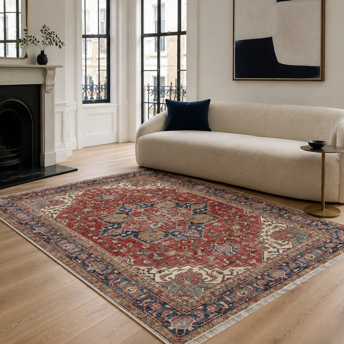 Crossed Border Crimson Red Traditional Washable Rug shown in an illustrative room