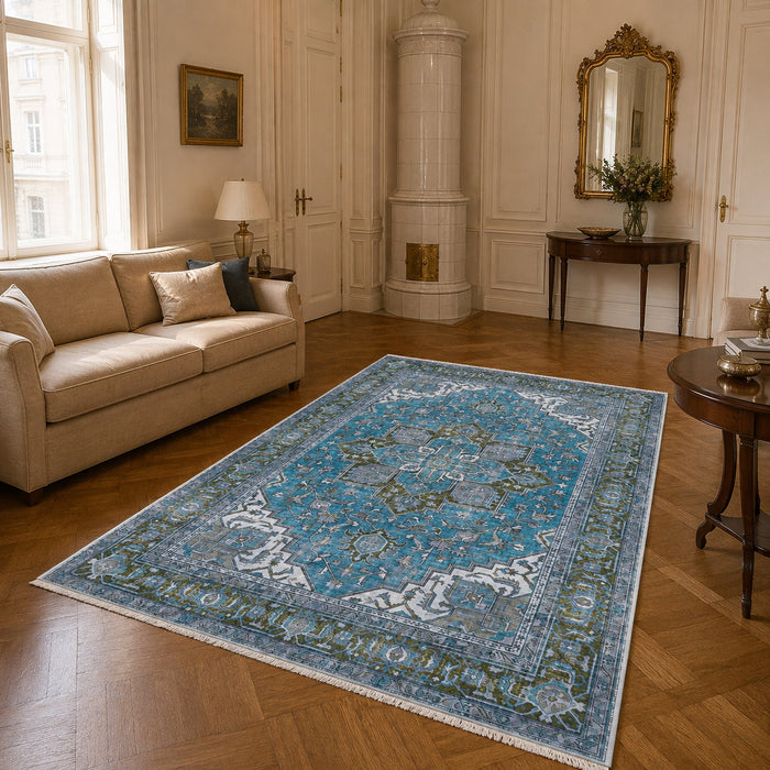 Studio Linework Navy Blue Traditional Washable Rug shown in an illustrative room