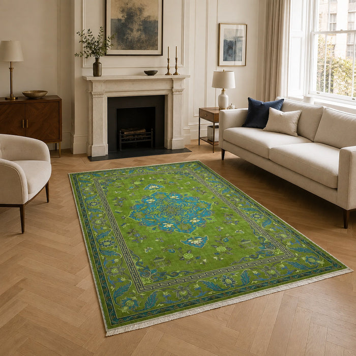 Studio Linework Muted Green Traditional Washable Rug shown in an illustrative room
