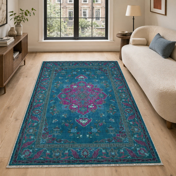 Weathered Lattice Mid Blue Traditional Washable Rug shown in an illustrative room