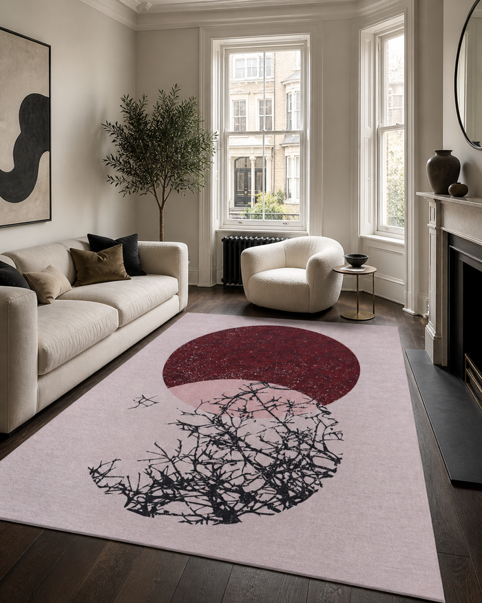 Crown Watercolour Deep Red Abstract Washable Rug shown in an illustrative room