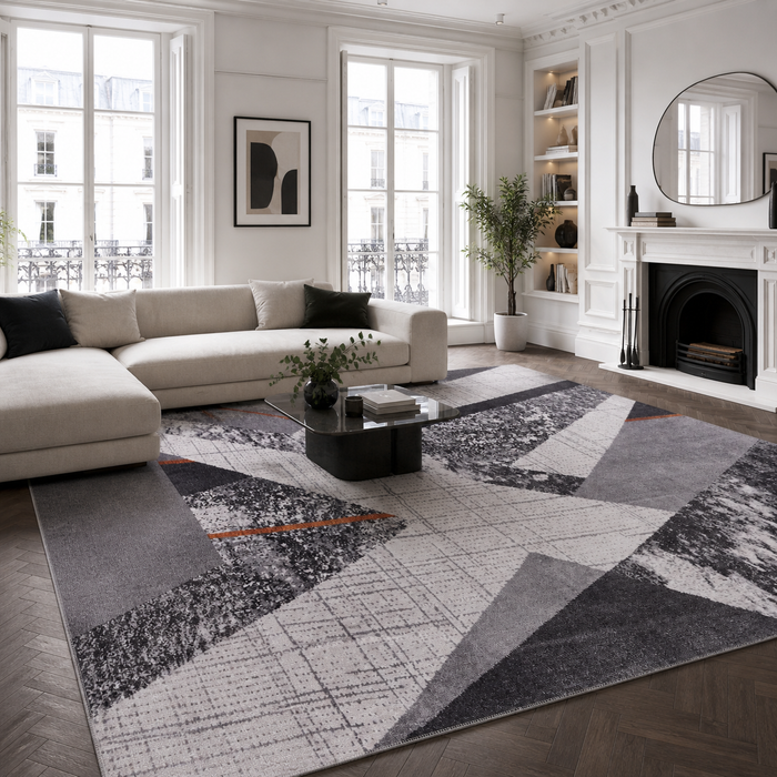 Studio Watercolour Slate Grey Abstract Washable Rug shown in an illustrative room