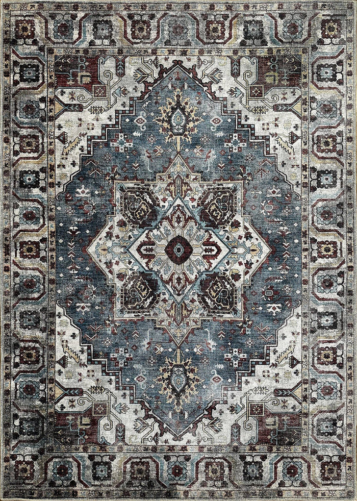 Homestead Waves Navy Blue Heritage Washable Rug shown in an illustrative room