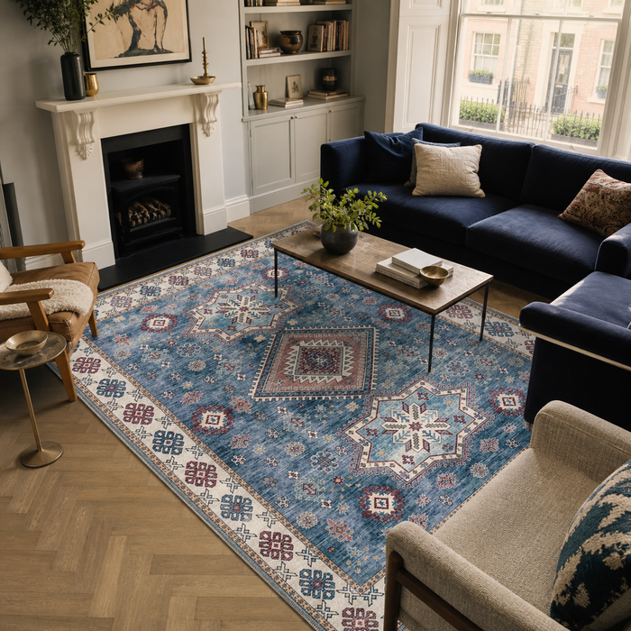 Homestead Waves Indigo Blue Heritage Washable Rug shown in an illustrative room