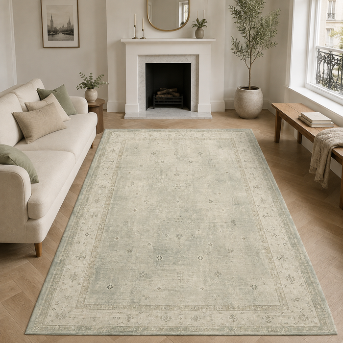 Lantern Stripes Soft Green Abstract Washable Rug shown in an illustrative room