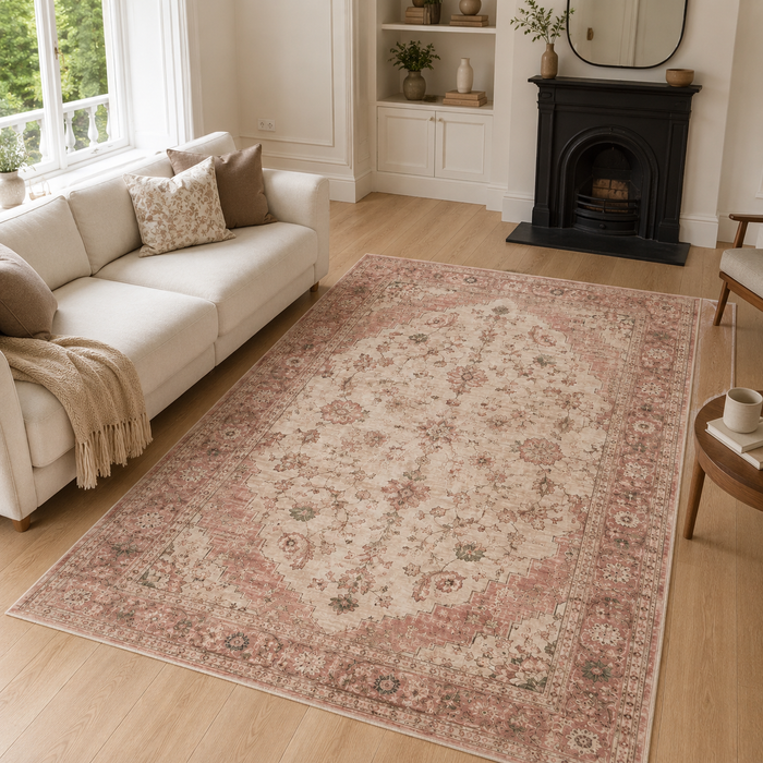 Strong Medallion Muted Pink Traditional Washable Rug shown in an illustrative room