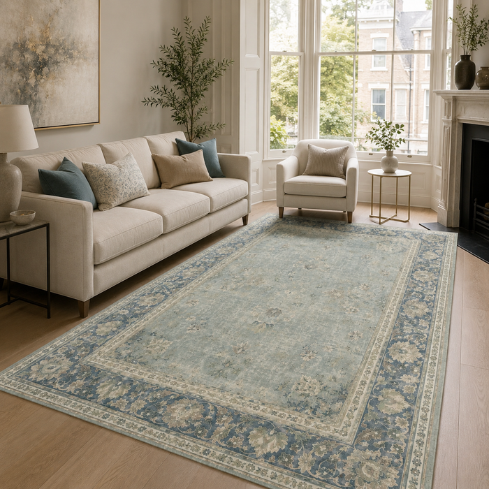 Heritage Patina Mid Blue Vintage Washable Rug shown in an illustrative room