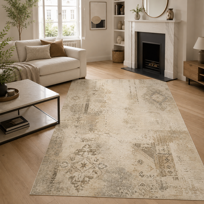 Westward Watercolour Soft White Abstract Washable Rug shown in an illustrative room
