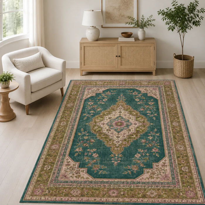Premier Border Soft Green Heritage Washable Rug shown in an illustrative room