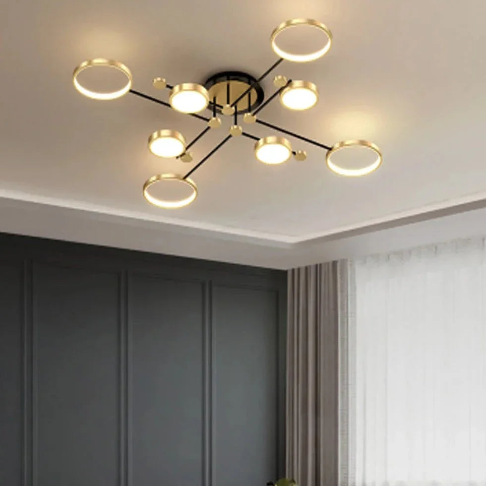 Gold LED chemistry flush mount chandelier by Light My House, 130cm low ceiling light with modern design and sleek finish.