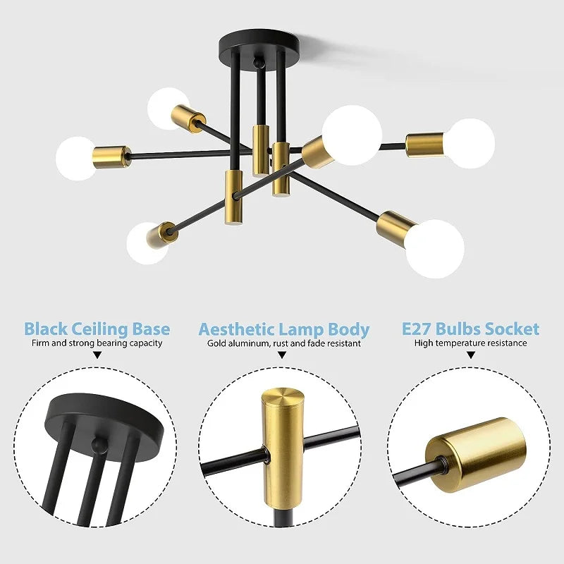 Modern black criss cross ceiling light with six E27 bulbs, semi-flush mount design from Light My House.